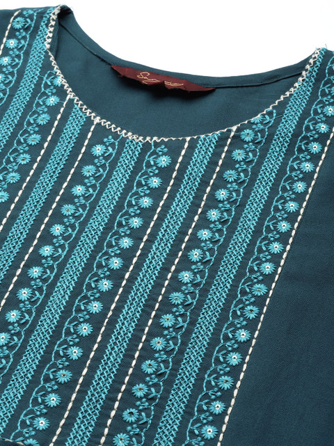Sangria Women Teal Ethnic Motifs Embroidered Indigo Kurta - Image 2