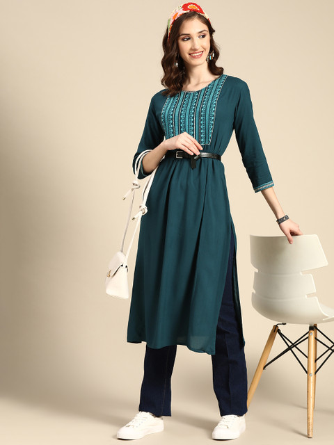 Sangria Women Teal Ethnic Motifs Embroidered Indigo Kurta - Image 6