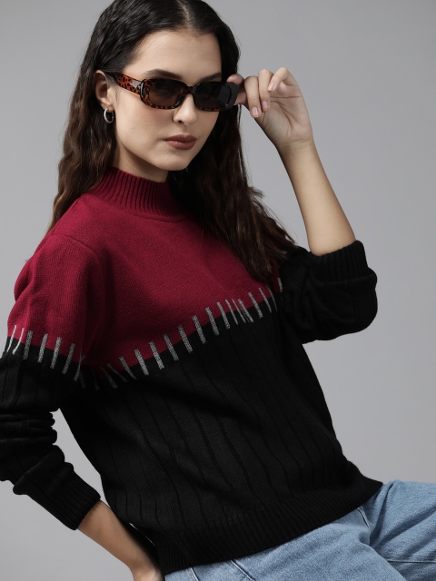 Roadster Women Red & Black Colourblocked Acrylic Pullover