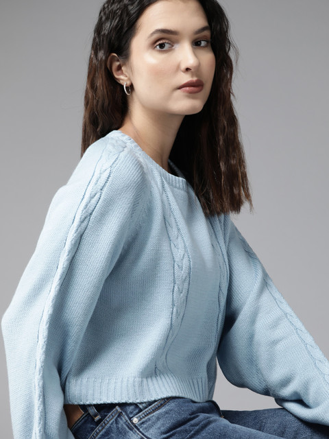 Roadster Women Blue Cable Knit Pullover
