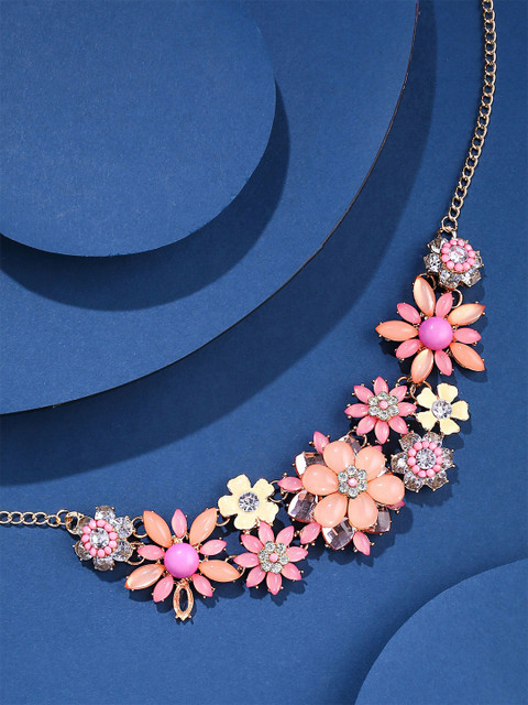 Yellow Chimes Gold Toned Pink color Floral Designed Crystal Necklace
