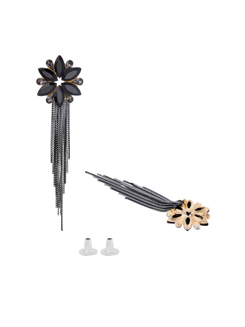 Yellow Chimes Black Floral Shaped Crystal Long Chain Dangler Earrings - Image 3