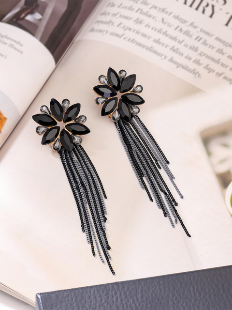 Yellow Chimes Black Floral Shaped Crystal Long Chain Dangler Earrings
