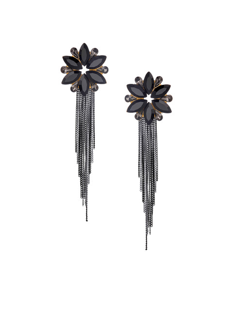 Yellow Chimes Black Floral Shaped Crystal Long Chain Dangler Earrings - Image 2