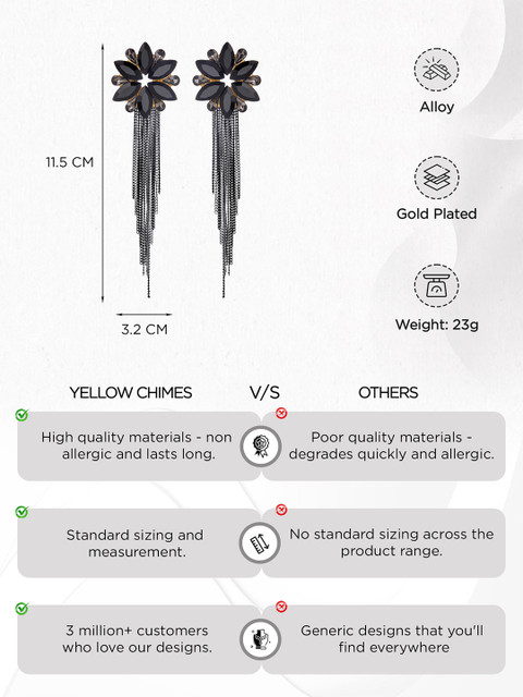 Yellow Chimes Black Floral Shaped Crystal Long Chain Dangler Earrings - Image 6