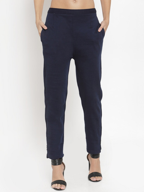 Clora Creation Women Navy Blue Smart Easy Wash Woolen Winter Trousers