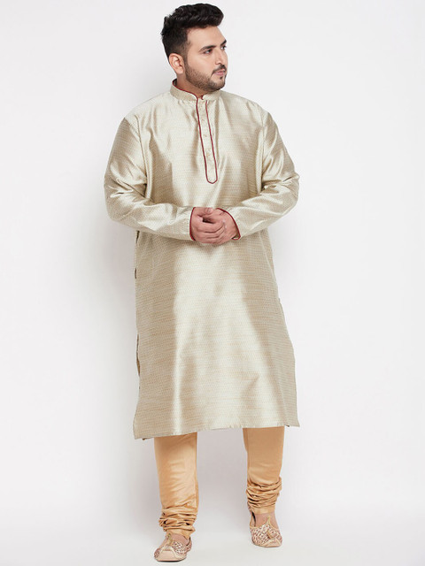 VASTRAMAY Men Beige Jacquard Silk Blend Kurta - Image 5