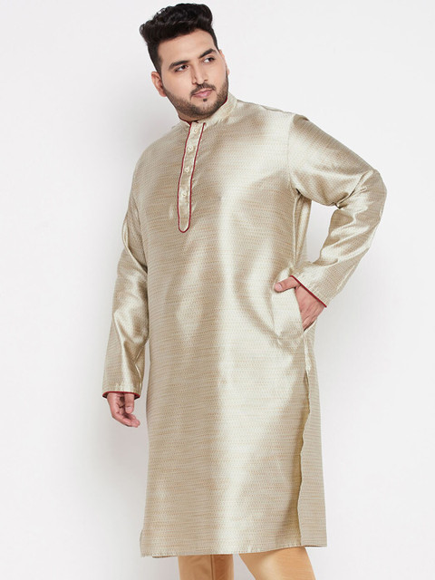 VASTRAMAY Men Beige Jacquard Silk Blend Kurta - Image 3
