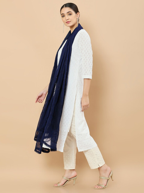 Soch Navy Blue Embroidered Dupatta with Thread Work - Image 3