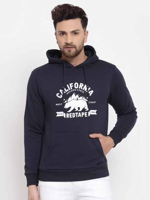 Red Tape Men Navy Blue Printed Hooded Sweatshirt