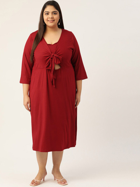 theRebelinme Plus Size Maroon A-Line Midi Dress