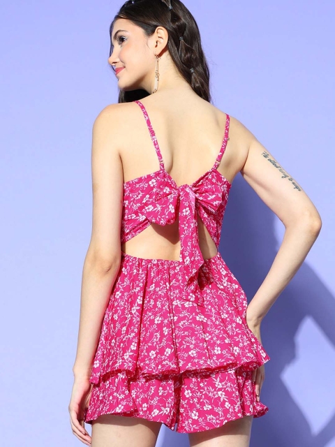 Berrylush Women Pink Floral Spaghetti Straps Playsuit - Image 4