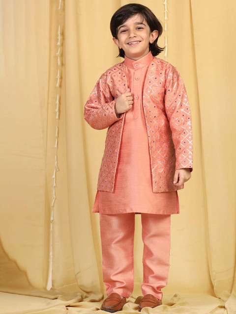 Aj DEZInES Boys Peach-Coloured Woven-Design Sherwani Set