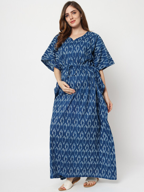 Aujjessa Blue Ethnic Motifs Maternity Kaftan Maxi Dress