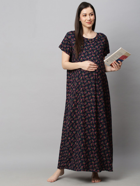 MomToBe Navy Blue Printed Maxi Maternity Nightdress