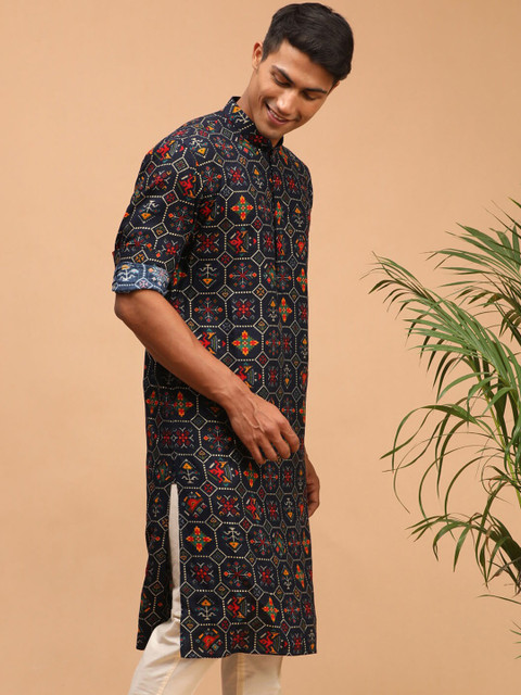 VASTRAMAY Men Navy Blue & Yellow Ethnic Motifs Cotton Printed Kurta - Image 3