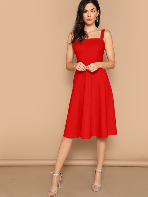 AAHWAN Women Red Solid Fit & Flare Dress