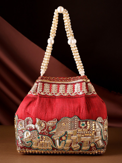 Rubans Maroon Silk Potli Bag with Pearl Handle & Elephant Motif Green & Gold Embroidery