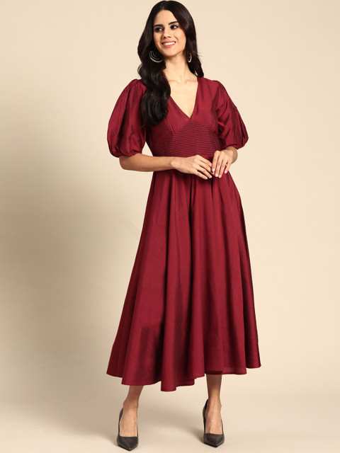 anayna Maroon Solid Puff Sleeves V Neck Embroidered Detail Midi Dress