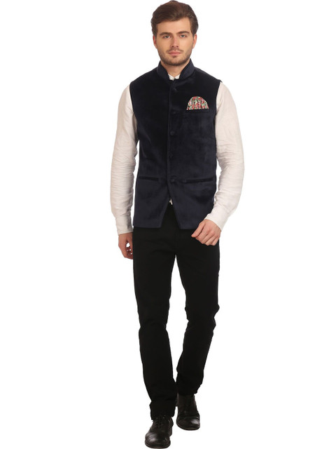 Wintage Navy Velvet Nehru Jacket - Image 4