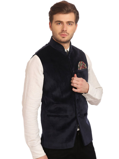 Wintage Navy Velvet Nehru Jacket - Image 2