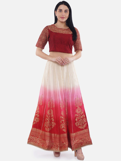Be Indi Maroon & Pink Printed Ready to Wear Lehenga &