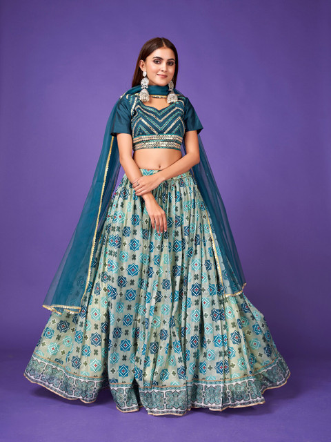 SHOPGARB Blue & White Embellished Mirror Work Semi-Stitched Lehenga & Unstitched Blouse With Dupatta
