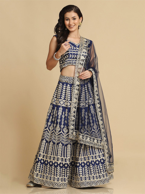 Warthy Ent Blue & Gold-Toned Embroidered Thread Work Semi-Stitched Lehenga & Unstitched Blouse With Dupatta