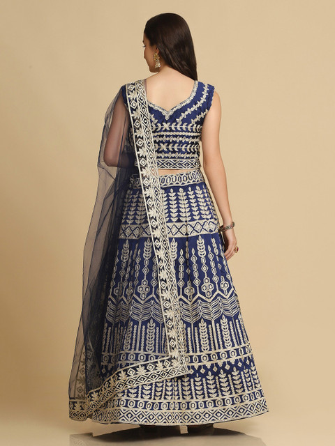 Warthy Ent Blue & Gold-Toned Embroidered Thread Work Semi-Stitched Lehenga & Unstitched Blouse With Dupatta - Image 6