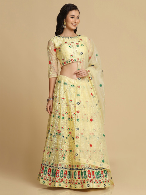Warthy Ent Women Yellow Embroidered Semi-Stitched Lehenga & Unstitched Blouse With Dupatta - Image 4