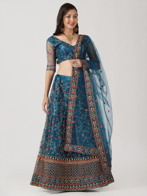 Warthy Ent Turquoise Blue & Red Embroidered Thread Work Semi-Stitched Lehenga & Unstitched Blouse With - Image 4