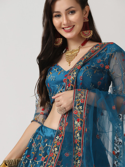 Warthy Ent Turquoise Blue & Red Embroidered Thread Work Semi-Stitched Lehenga & Unstitched Blouse With - Image 7