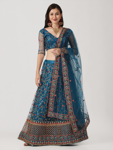 Warthy Ent Turquoise Blue & Red Embroidered Thread Work Semi-Stitched Lehenga & Unstitched Blouse With