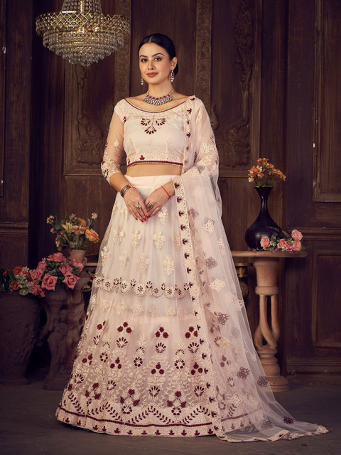Warthy Ent Pink & White Embroidered Semi-Stitched Lehenga & Unstitched Blouse With Dupatta