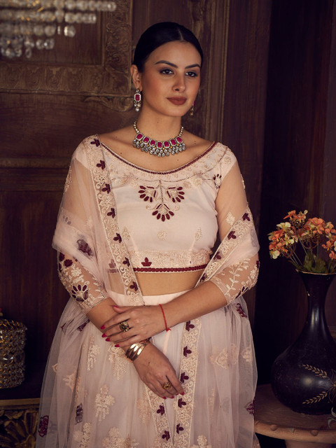Warthy Ent Pink & White Embroidered Semi-Stitched Lehenga & Unstitched Blouse With Dupatta - Image 7