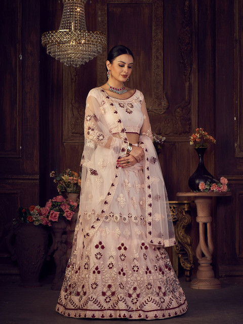 Warthy Ent Pink & White Embroidered Semi-Stitched Lehenga & Unstitched Blouse With Dupatta - Image 4