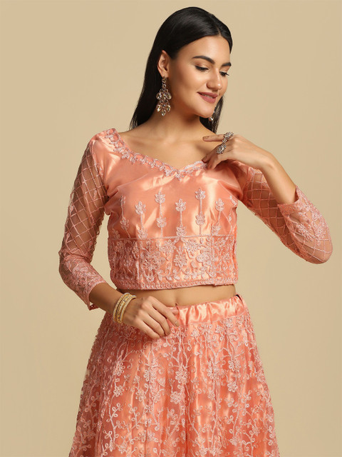 Warthy Ent Peach-Coloured Embroidered Semi-Stitched Lehenga & Unstitched Blouse & Dupatta - Image 2