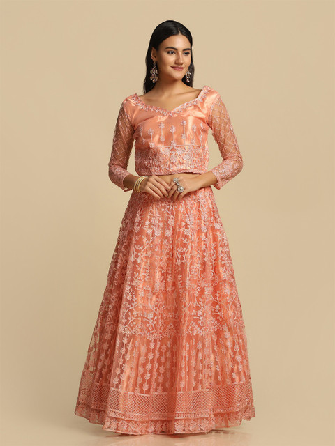 Warthy Ent Peach-Coloured Embroidered Semi-Stitched Lehenga & Unstitched Blouse & Dupatta - Image 7