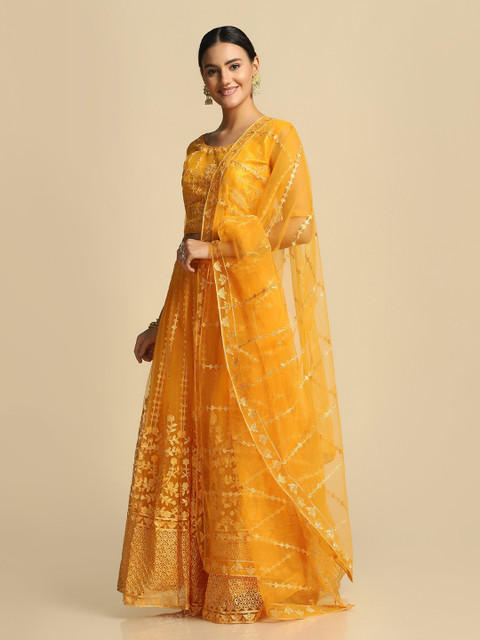 Warthy Ent Yellow Embroidered Thread Work Tie and Dye Semi-Stitched Lehenga & Unstitched Blouse With Dupatta - Image 5