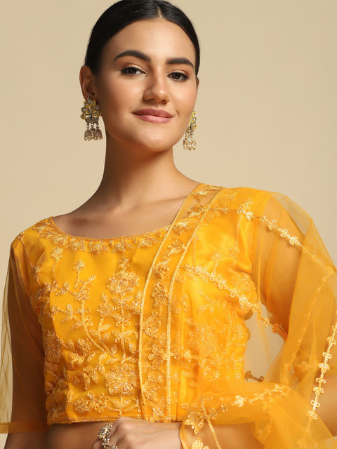 Warthy Ent Yellow Embroidered Thread Work Tie and Dye Semi-Stitched Lehenga & Unstitched Blouse With Dupatta - Image 2