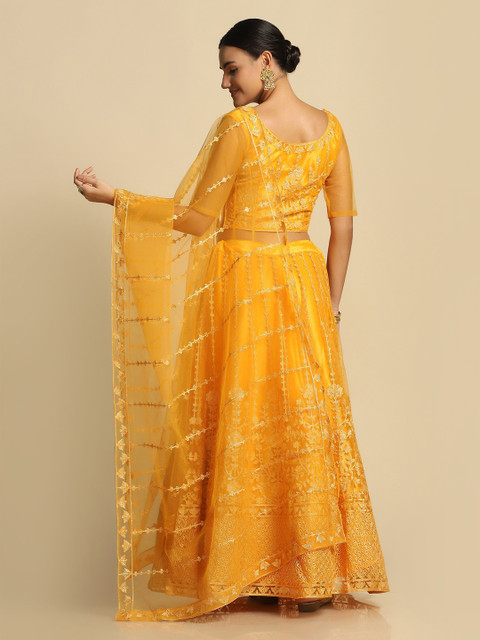 Warthy Ent Yellow Embroidered Thread Work Tie and Dye Semi-Stitched Lehenga & Unstitched Blouse With Dupatta - Image 6