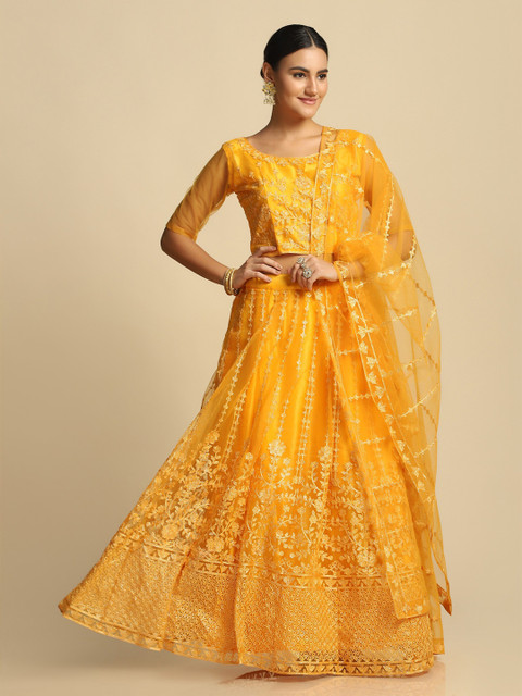 Warthy Ent Yellow Embroidered Thread Work Tie and Dye Semi-Stitched Lehenga & Unstitched Blouse With Dupatta - Image 4