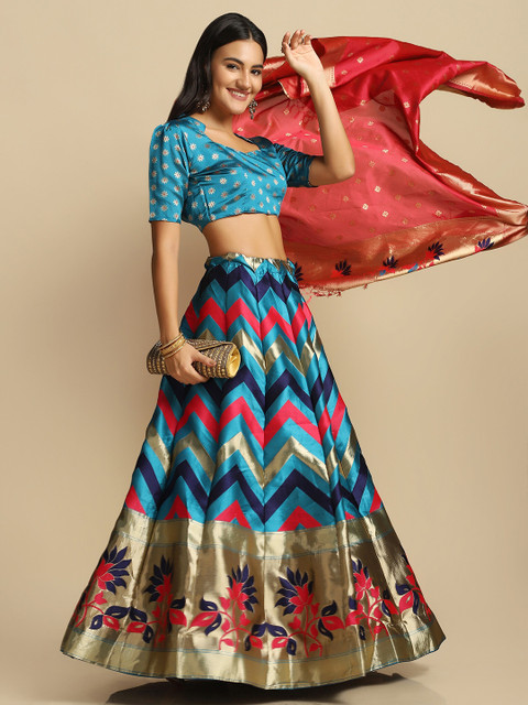 Warthy Ent Turquoise Blue & Red Semi-Stitched Lehenga & Unstitched Blouse With Dupatta - Image 7