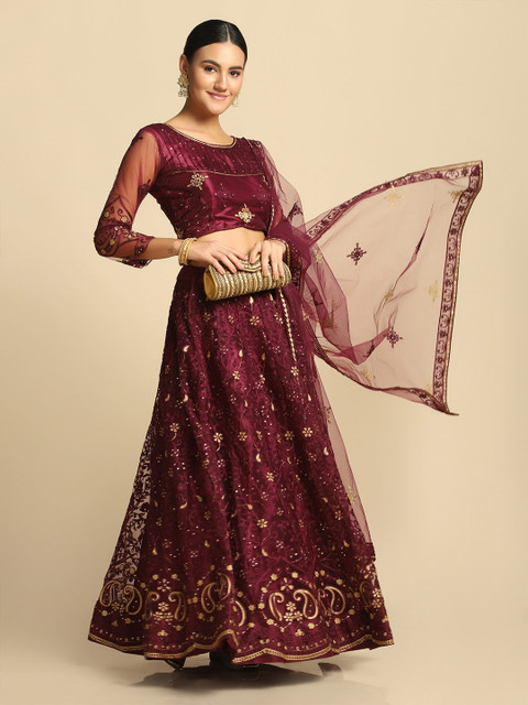 Warthy Ent Purple & Gold-Toned Thread Work Semi-Stitched Lehenga & Unstitched Blouse - Image 4