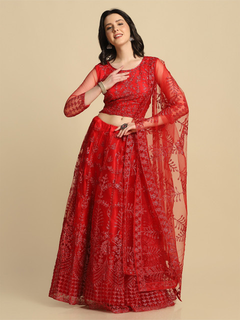 Warthy Ent Red Embroidered Thread Work Semi-Stitched Lehenga & Unstitched Blouse With Dupatta