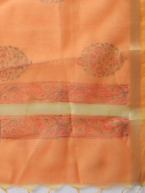 LOOM LEGACY Orange & Gold-Toned Ethnic Motifs Woven Design Cotton Silk Dupatta with Zari - Image 2