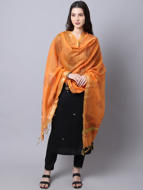 LOOM LEGACY Orange & Gold-Toned Ethnic Motifs Woven Design Cotton Silk Dupatta with Zari - Image 6