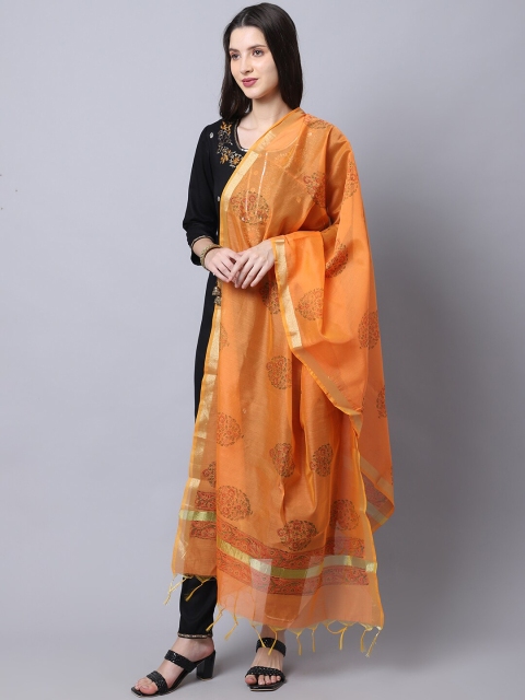 LOOM LEGACY Orange & Gold-Toned Ethnic Motifs Woven Design Cotton Silk Dupatta with Zari - Image 4