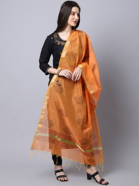 LOOM LEGACY Orange & Gold-Toned Ethnic Motifs Woven Design Cotton Silk Dupatta with Zari - Image 3