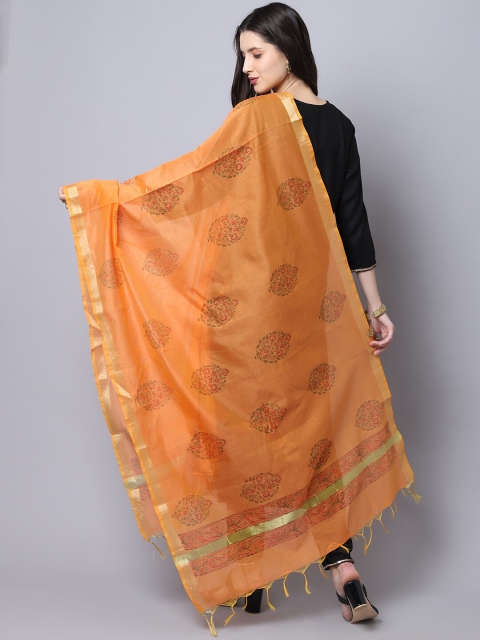 LOOM LEGACY Orange & Gold-Toned Ethnic Motifs Woven Design Cotton Silk Dupatta with Zari - Image 5